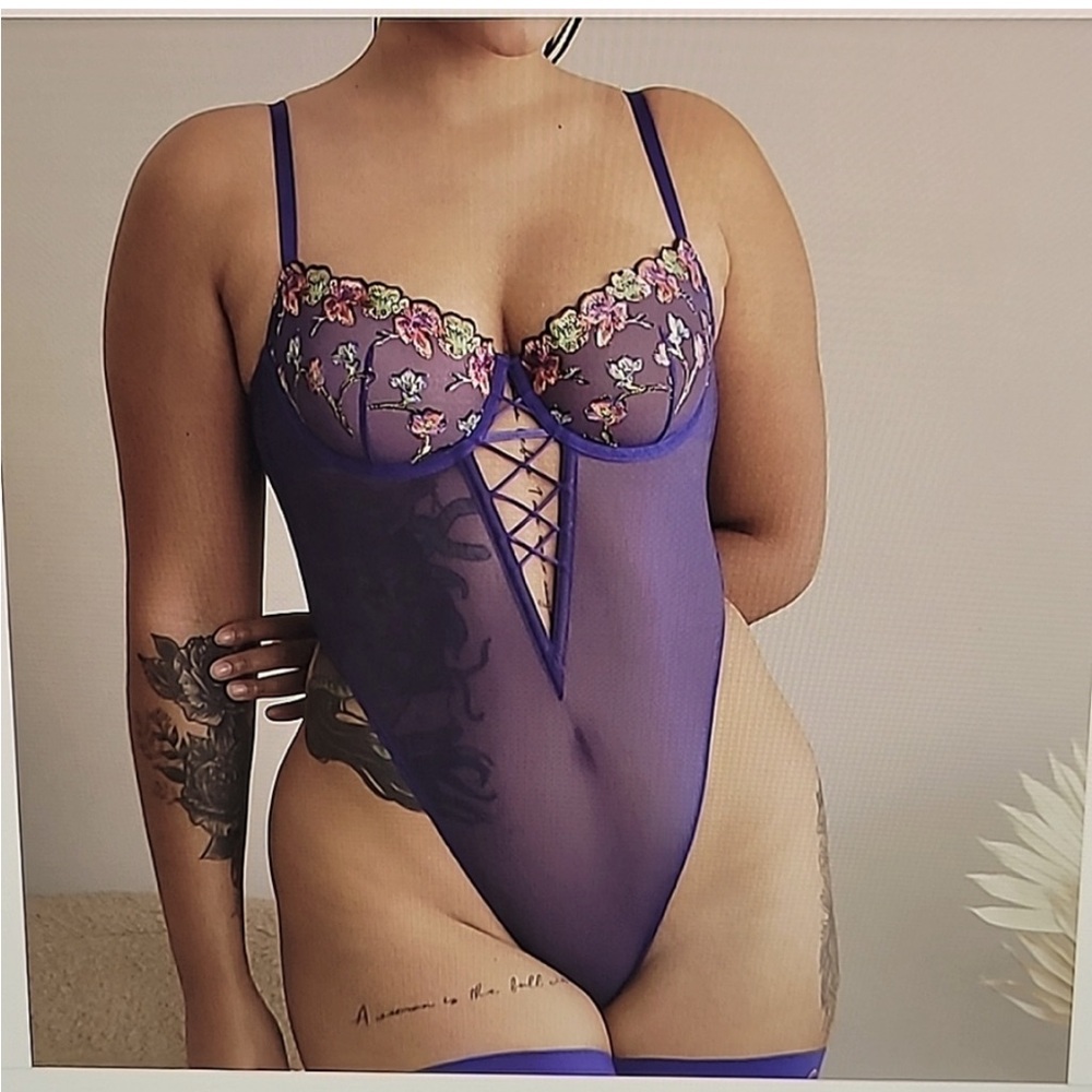 Purple Floral Embroidered Lace-Up Sheer Teddy